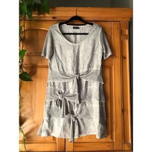 “Muza Poland Linen Dress – Gray, Short Sleeve, Artistic Knit Details (M